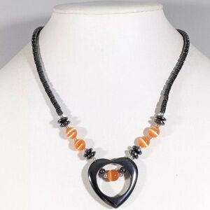 Gunmetal Gray Hematite Stone Heart Orange Glass Cats Eye Bead Necklace 18 inch